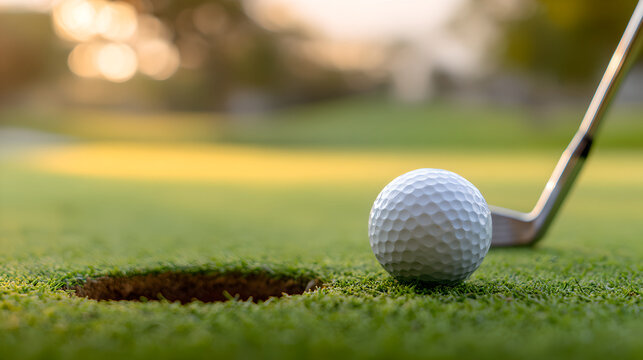 A dimpled white golf ball hovers just above the lip of the hole.