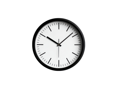 Minimalist black framed white analog clock face with black hands time, Isolated, Png Transparent Background