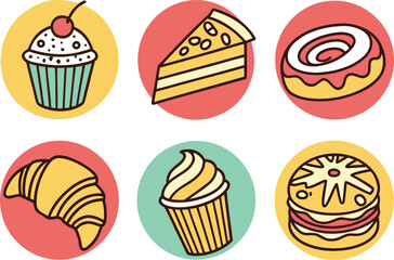 A Collection of Six Delicious Baked Goods and Desserts in Circular Icons vector Illustration