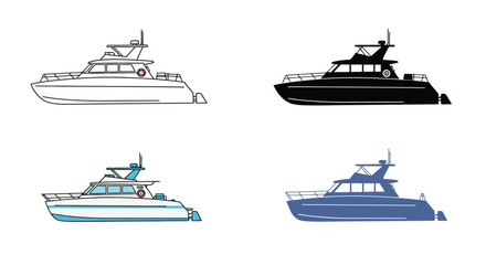Four variations of a fishing boat design in different colors