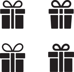 Four black gift box icons with bows on white background present symbol