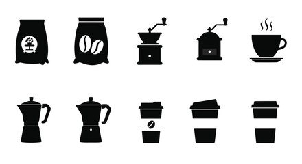 Black silhouettes depicting coffee beans brewing methods and served drinks