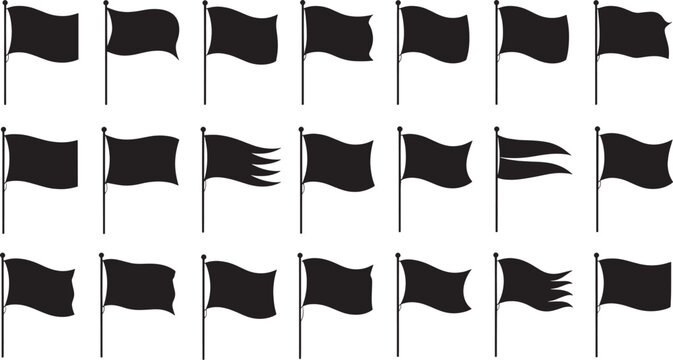 Black Flag Silhouettes Vector Collection: Waving and Tattered Flag Banner Icons Diverse Set of Flagpole Templates and Blank Pennant Graphics for Design Mockups
