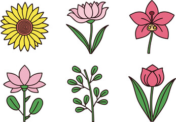 Collection of Six Stylized Flowers and a Plant Branch on vector Illustration White Background