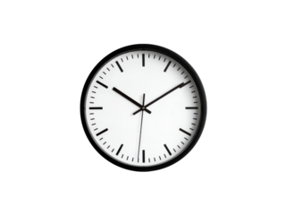 Minimalist white clock face with black hands and markers time, Isolated, Png Transparent Background