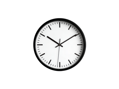 Minimalist white clock face with black hands and markers time, Isolated, Png Transparent Background - Powered by Adobe