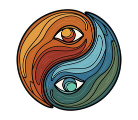 Abstract Yin Yang Symbol with Eyes in Orange and Blue Colors