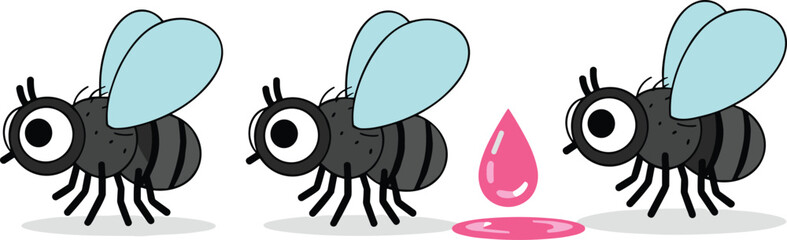 Cartoon flies with big eyes and blue wings near pink droplet, insect behavior, sweet liquid attraction, isolated white background