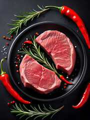 Fresh Raw braising steak on black background with rosemary, chilli, pepper
