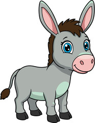 Cartoon donkey illustration, cute gray animal with big blue eyes, standing pose, friendly expression, children’s character, vector farm animal drawing