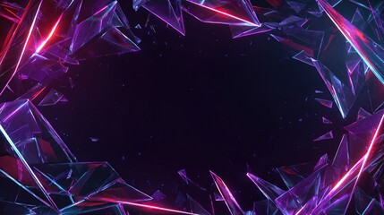 A dark void framed by exploding, crystalline shards with vibrant neon red and blue lighting
