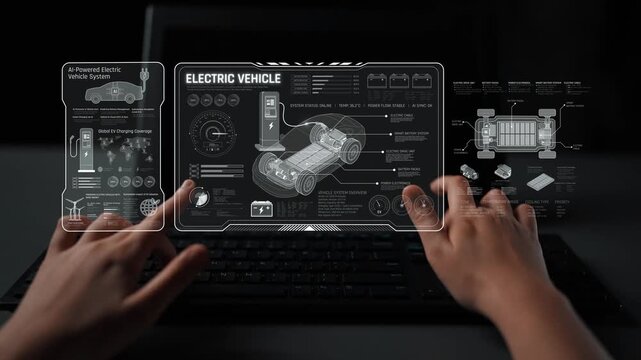 Technical layout of electric vehicle showing battery system, power control, traction motor, charging interface, and integration with renewable and smart energy sources Marrow