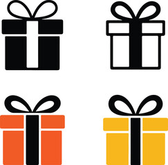 Four stylized gift boxes with ribbons in black white orange and yellow present celebration