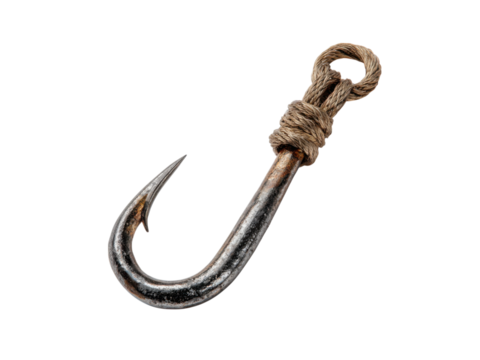 Rusty metal fishing hook with braided rope knot sharp, Isolated, Png Transparent Background