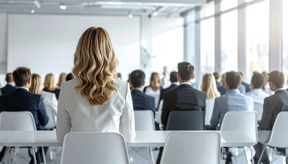 Audience View of Business Presentation with Rows of Seated People in Suits in a Brightly Lit Meeting Room