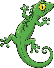 Cartoon green gecko illustration, climbing lizard vector, expressive reptile design, stylized animal art, isolated PNG, educational nature icon