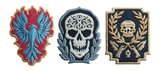 Fototapeta premium Colorful Embroidered Patches Featuring Skull and Phoenix Designs on Isolated Background