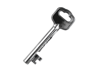 Shiny metal key with a looped handle and serrated edge silver lock, Isolated, Png Transparent Background