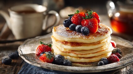 Stacked pancakes topped with berries on a rustic plate, tea pot in background