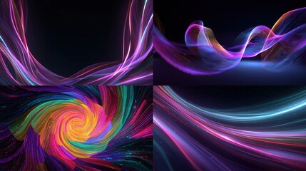 Four abstract compositions of flowing, illuminated lines and swirling forms in vibrant colors