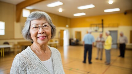 Mature senior woman volunteer coordinator organizing community service charity project in bright community hall for social contribution meaningful work engagement and nonprofit philanthropic activity.