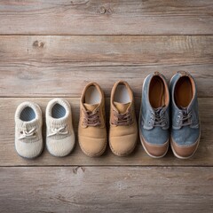 Three pairs of shoes in increasing sizes from baby booties to adult walking footwear lined up in row on wooden floor for family growth life progression and generations development concept.
