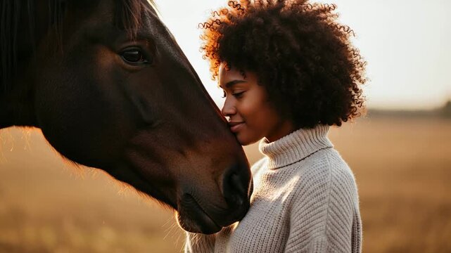 A young African woman with curly hair gently touches her forehead to a brown horse in a golden field during sunset. The scene conveys a sense of connection and tranquility.