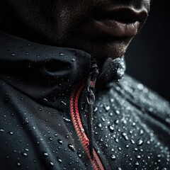 Closeup detail of water resistant waterproof zipper on athletic sports jacket with rain water droplets showing weather protection performance and outdoor activewear functionality technology concept.
