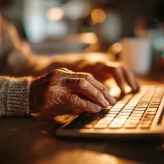 Closeup detail of elderly senior hands typing on ergonomic comfortable keyboard in well lit home office workspace for continued productivity workplace adaptation and accessible technology concept.