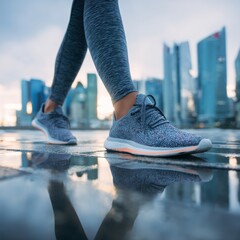 Closeup detail of athletic running shoes sneakers and leggings on urban city pavement with building reflection for street fitness outdoor workout exercise and active lifestyle training concept.