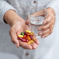 Closeup of mature senior person hands holding colorful vitamin dietary supplements pills and glass of water for preventive healthcare wellness nutrition and healthy lifestyle routine maintenance.