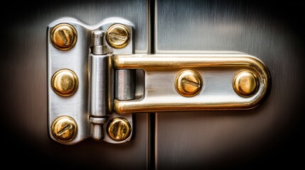Fototapeta premium Close-Up of a Metallic Door Hinge with Gold and Silver Finish, Highlighting Detailed Workmanship and Robust Design Elements
