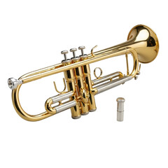 Obraz premium Classic brass trumpet with golden finish, three silver valves, separate valve cap, isolated on seamless transparent studio background, no shadows Concept of luxury musical craftsmanship