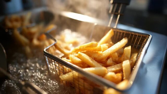 Golden Crunch: Freshly fried French fries sizzle and steam, emerging from a hot oil bath, a close-up view highlighting their golden texture and the culinary process.