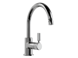 Polished chrome kitchen faucet with curved spout and lever handle plumbing metal, Isolated, Png Transparent Background