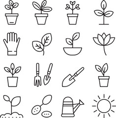 Set of line art icons for gardening and plant growth plants