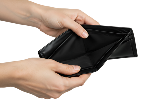 Person open his empty wallet without money to pay debt in payday, empty black leather wallet, showing no money. isolated on transparent background, cut out, png