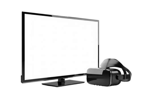 Modern black smart TV, blank white screen for copy space, and sleek matte black VR headset, isolated on seamless transparent background, evenly lit studio shot, concept for technology product