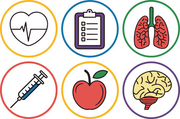 Medical Icons: Heart, Lungs, Brain, Syringe, Apple, and Clipboard vector Illustration