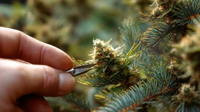 Trimming Plant Bud: A close-up view of a hand carefully trimming a plant bud with precision, highlighting the intricate process and focusing on the delicacy of the flora.