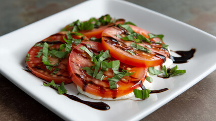 Juicy tomato slices fresh mozzarella basil leaves balsamic glaze caprese salad white plate healthy appetizer Italian cuisine vibrant delicious