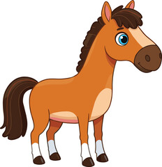 Cartoon horse illustration, cute brown pony with blue eyes, standing pose, white background, vector animal drawing, children’s book character
