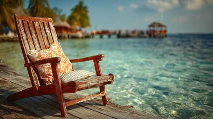 Wooden chair with pillow on a deck overlooking turquoise ocean water.