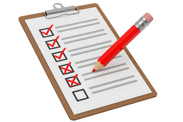 Red pencil marking a checklist on a clipboard with completed, failed, and pending tasks isolated on transparent cutout background, cut out, png