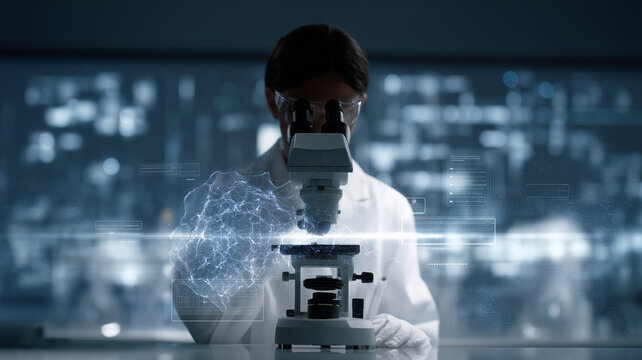 Scientist adjusting microscope in laboratory digital network overlay futuristic research innovation technology focus discovery science analysis concentration