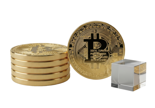 Pristine golden Bitcoin coins, stacked and upright with micro-engraved circuit patterns and text, clear glass cube, studio, seamless transparent background. Concept of high-tech digital currency