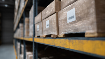 Barcoded boxes on wooden pallets organized on industrial warehouse shelving, efficient storage system, logistics and supply chain management, calm atmosphere