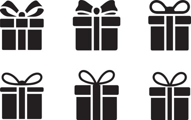 Six black gift box icons with bows on white background present symbol