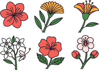 Six stylized, colorful floral illustrations with stems and leaves on a vector Illustration white background