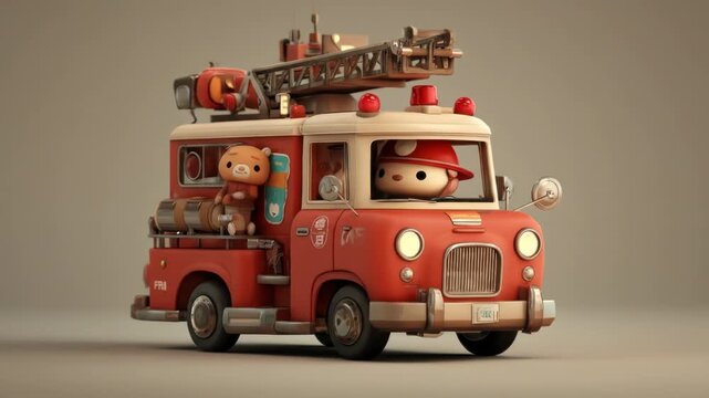 A cute, toy-like red fire truck with smiling, cartoon-like characters in the driver and passenger seats, set against a neutral background